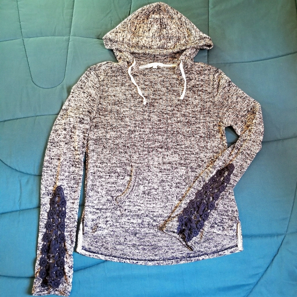 Knit Hoodie with Navy Crochet Arm Detail